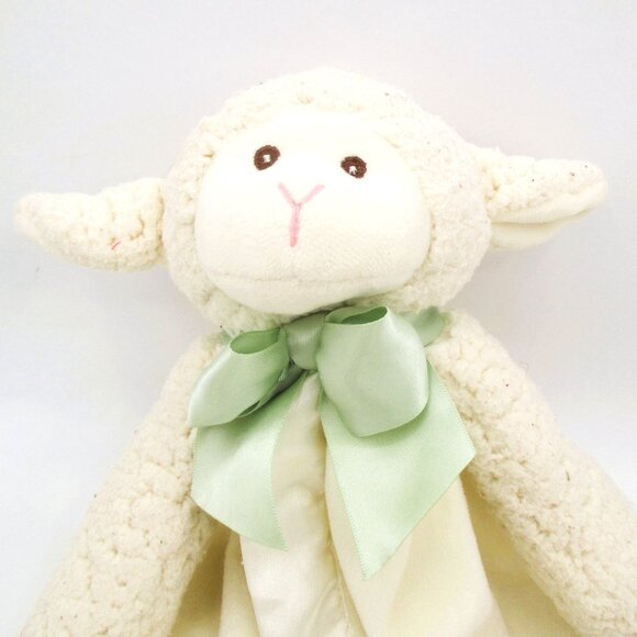 Bearington Baby Lamb Lovey With Green Bow & Satin Trim Security Blanket Plush To - Picture 2 of 5